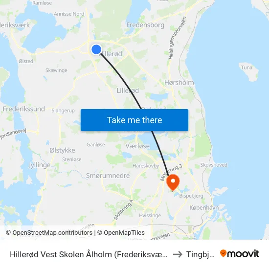 Hillerød Vest Skolen Ålholm (Frederiksværksgade) to Tingbjerg map