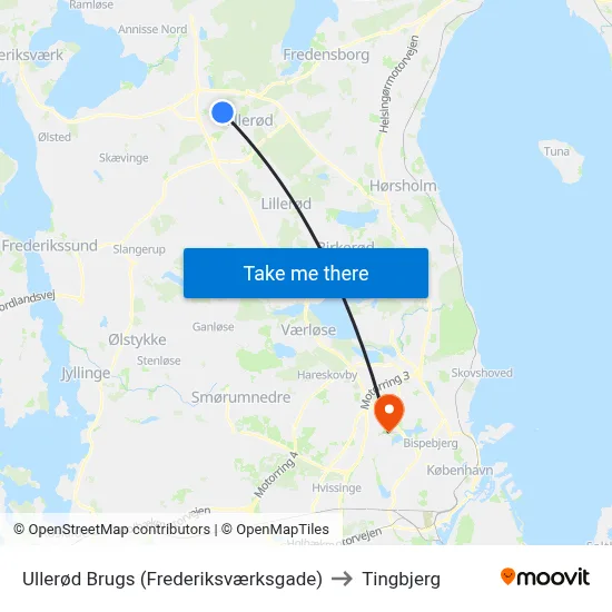 Ullerød Brugs (Frederiksværksgade) to Tingbjerg map