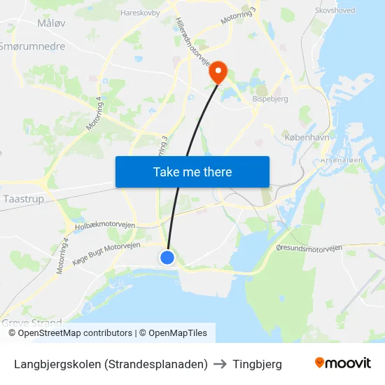 Langbjergskolen (Strandesplanaden) to Tingbjerg map