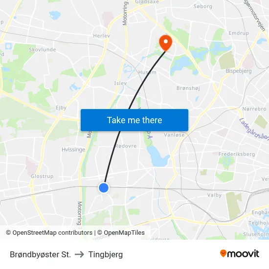 Brøndbyøster St. to Tingbjerg map
