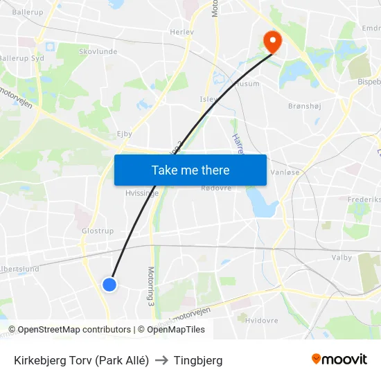 Kirkebjerg Torv (Park Allé) to Tingbjerg map