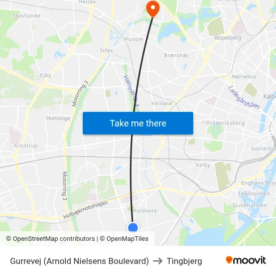 Gurrevej (Arnold Nielsens Boulevard) to Tingbjerg map