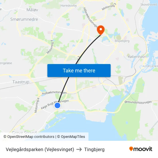 Vejlegårdsparken (Vejlesvinget) to Tingbjerg map
