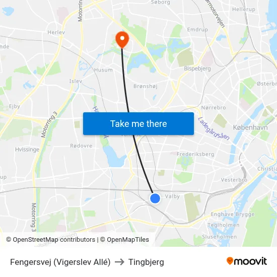 Fengersvej (Vigerslev Allé) to Tingbjerg map