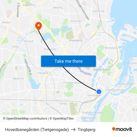 Hovedbanegården (Tietgensgade) to Tingbjerg map