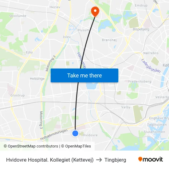 Hvidovre Hospital. Kollegiet (Kettevej) to Tingbjerg map