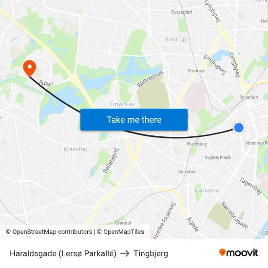 Haraldsgade (Lersø Parkallé) to Tingbjerg map