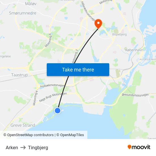 Arken to Tingbjerg map