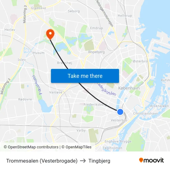 Trommesalen (Vesterbrogade) to Tingbjerg map