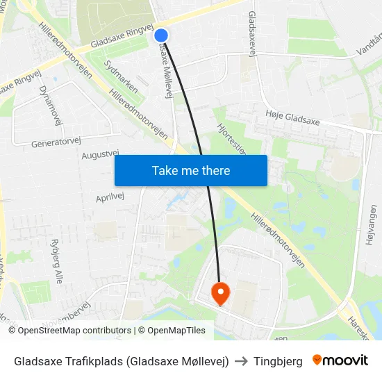 Gladsaxe Trafikplads (Gladsaxe Møllevej) to Tingbjerg map