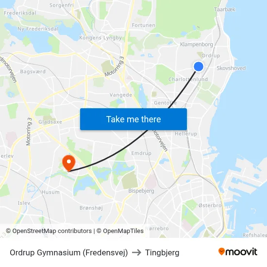 Ordrup Gymnasium (Fredensvej) to Tingbjerg map