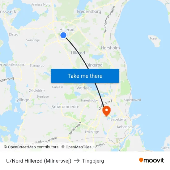 U/Nord Hillerød (Milnersvej) to Tingbjerg map