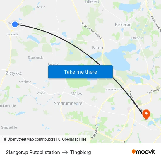 Slangerup Rutebilstation to Tingbjerg map