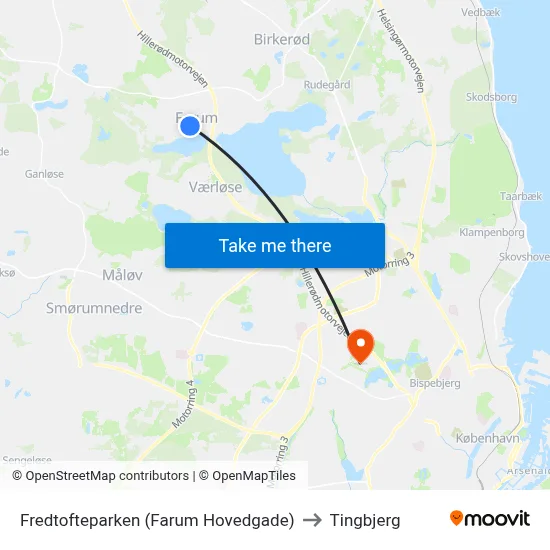Fredtofteparken (Farum Hovedgade) to Tingbjerg map