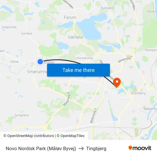 Novo Nordisk Park (Måløv Byvej) to Tingbjerg map
