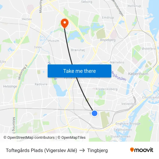 Toftegårds Plads (Vigerslev Allé) to Tingbjerg map