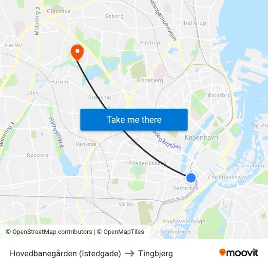Hovedbanegården (Istedgade) to Tingbjerg map