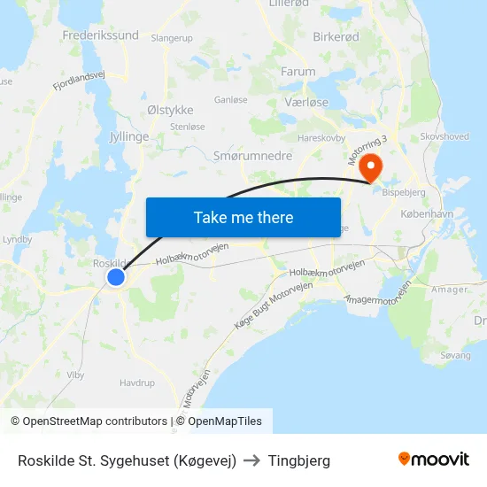 Roskilde St. Sygehuset (Køgevej) to Tingbjerg map