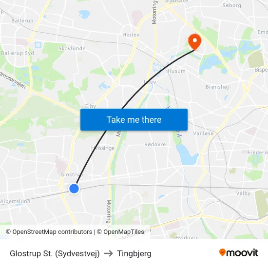 Glostrup St. (Sydvestvej) to Tingbjerg map