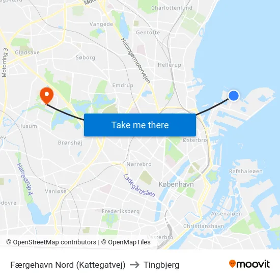 Færgehavn Nord (Kattegatvej) to Tingbjerg map