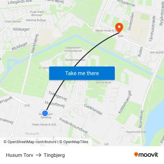Husum Torv to Tingbjerg map