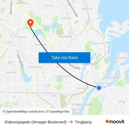 Klaksvigsgade (Amager Boulevard) to Tingbjerg map