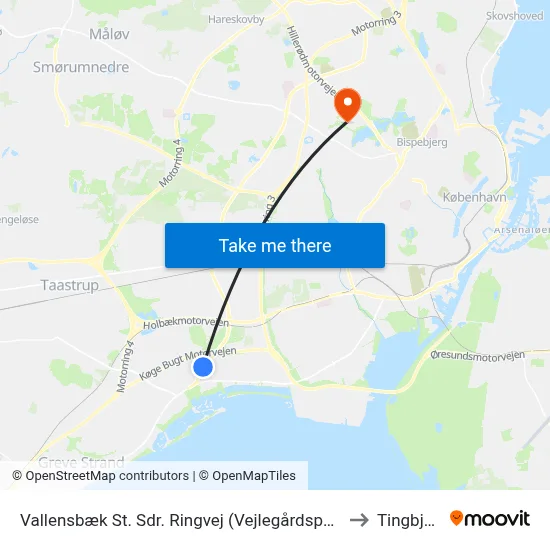 Vallensbæk St. Sdr. Ringvej (Vejlegårdsparken) to Tingbjerg map