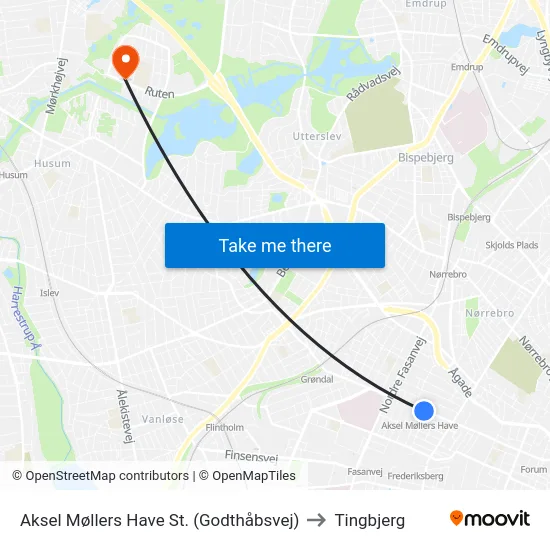 Aksel Møllers Have St. (Godthåbsvej) to Tingbjerg map