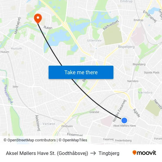 Aksel Møllers Have St. (Godthåbsvej) to Tingbjerg map