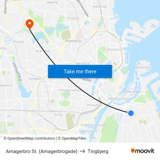 Amagerbro St. (Amagerbrogade) to Tingbjerg map