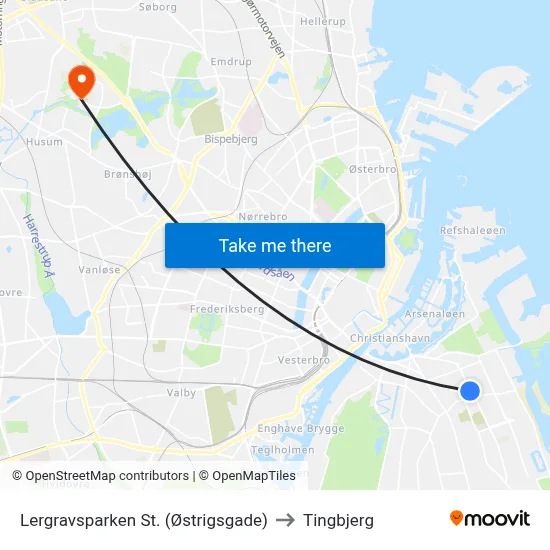 Lergravsparken St. (Østrigsgade) to Tingbjerg map
