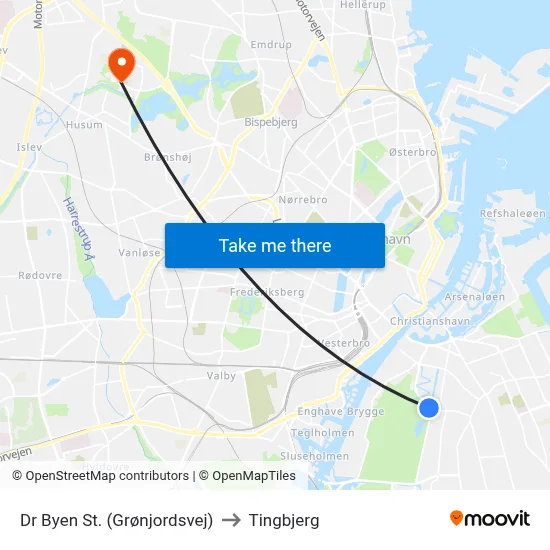 Dr Byen St. (Grønjordsvej) to Tingbjerg map