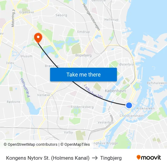 Kongens Nytorv St. (Holmens Kanal) to Tingbjerg map