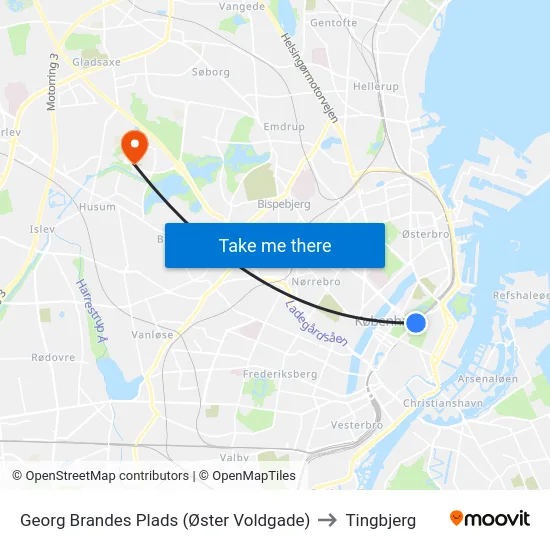 Georg Brandes Plads (Øster Voldgade) to Tingbjerg map