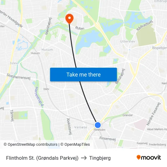 Flintholm St. (Grøndals Parkvej) to Tingbjerg map