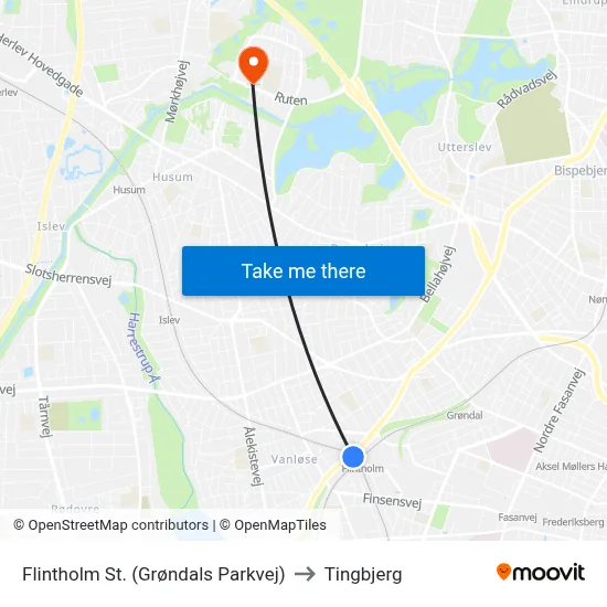 Flintholm St. (Grøndals Parkvej) to Tingbjerg map