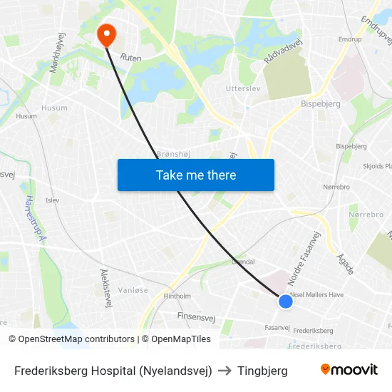 Frederiksberg Hospital (Nyelandsvej) to Tingbjerg map