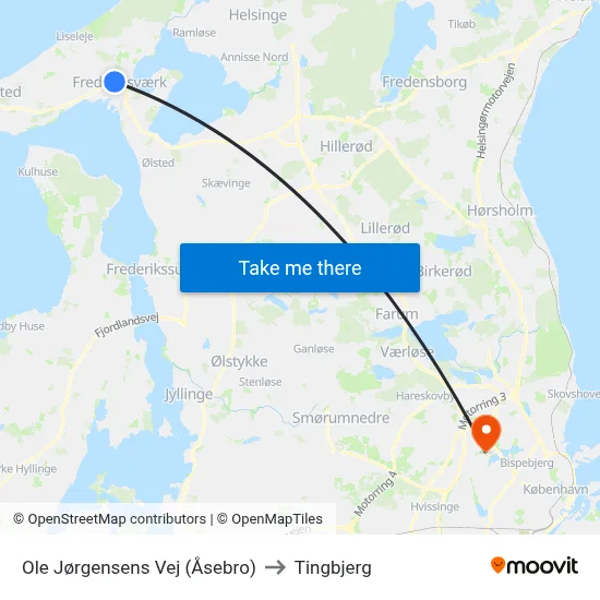 Ole Jørgensens Vej (Åsebro) to Tingbjerg map