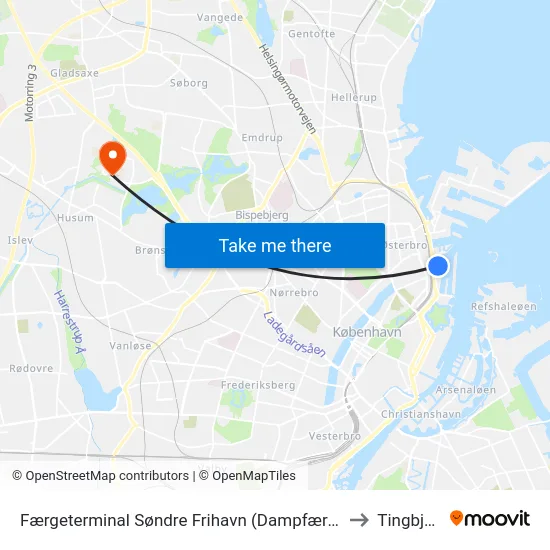 Færgeterminal Søndre Frihavn (Dampfærgevej) to Tingbjerg map