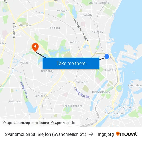 Svanemøllen St. Sløjfen (Svanemøllen St.) to Tingbjerg map