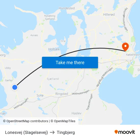 Lonesvej (Slagelsevej) to Tingbjerg map