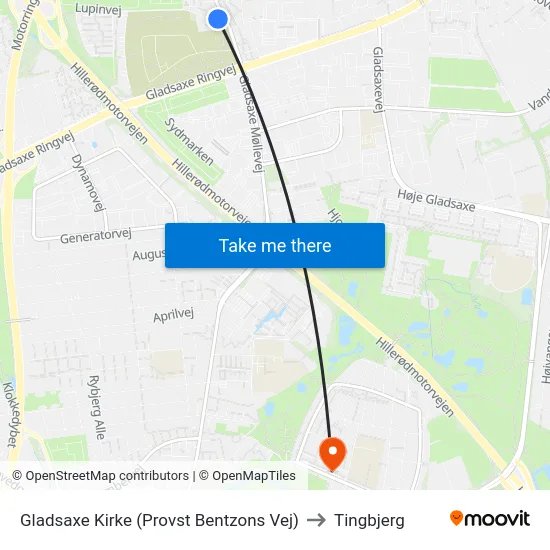 Gladsaxe Kirke (Provst Bentzons Vej) to Tingbjerg map
