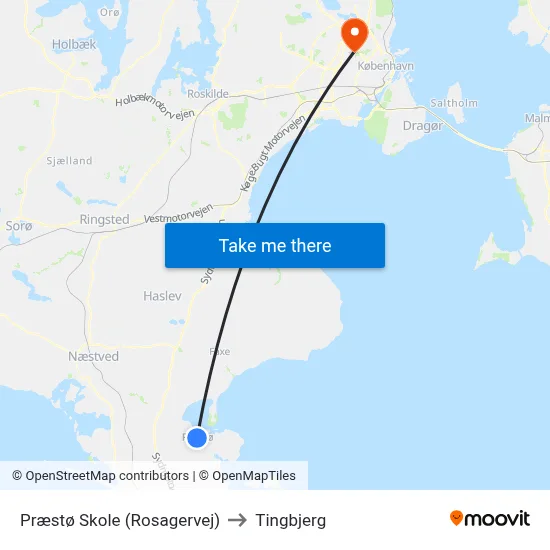 Præstø Skole (Rosagervej) to Tingbjerg map