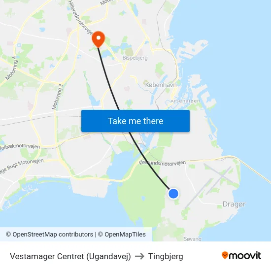 Vestamager Centret (Ugandavej) to Tingbjerg map