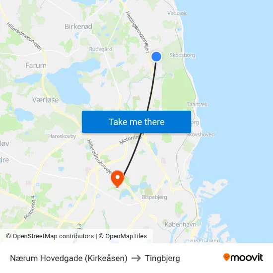 Nærum Hovedgade (Kirkeåsen) to Tingbjerg map