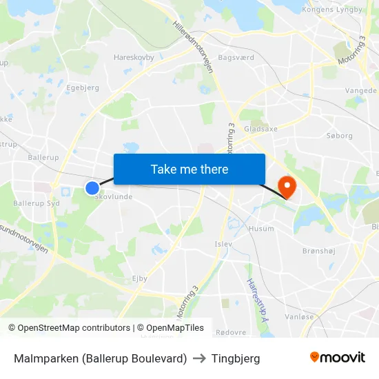 Malmparken (Ballerup Boulevard) to Tingbjerg map