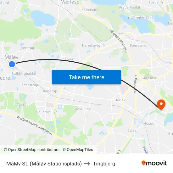 Måløv St. (Måløv Stationsplads) to Tingbjerg map