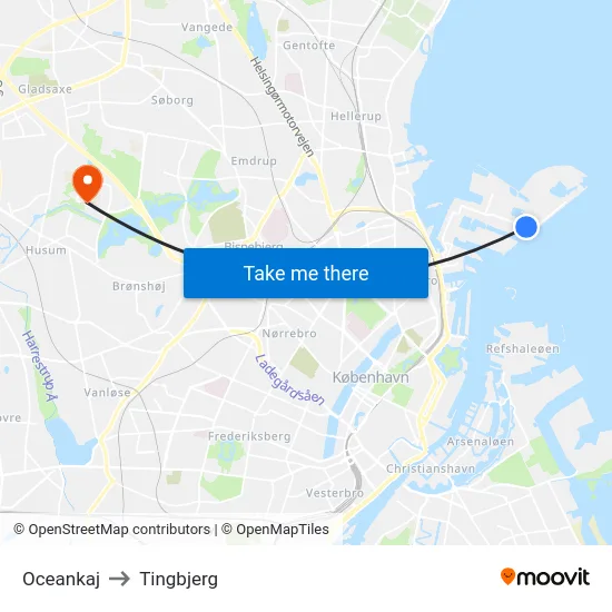 Oceankaj to Tingbjerg map