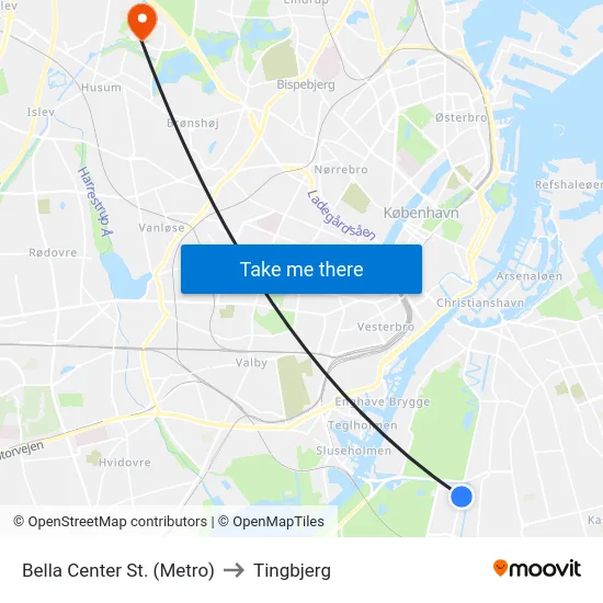 Bella Center St. (Metro) to Tingbjerg map