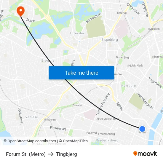 Forum St. (Metro) to Tingbjerg map